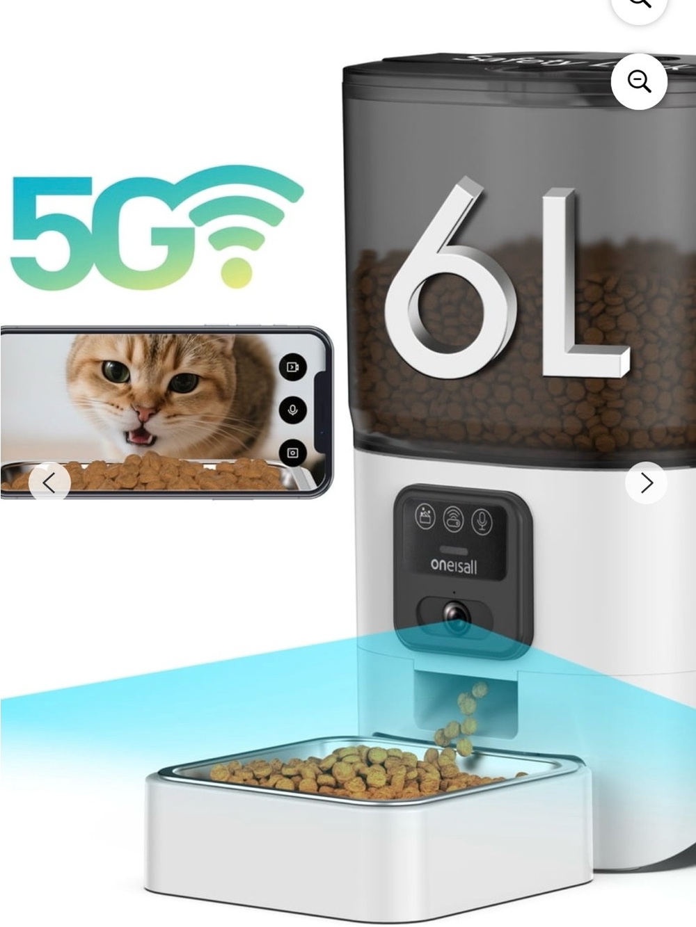 Automatic Cat Feeder with Clear Smoke Gray Hopper and White Base - Camera w/ mic